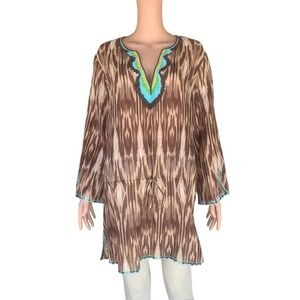 BCBGMAXAZRIA Women's L Brown Ikat Cotton Silk Kaftan Tunic Top Boho Beach